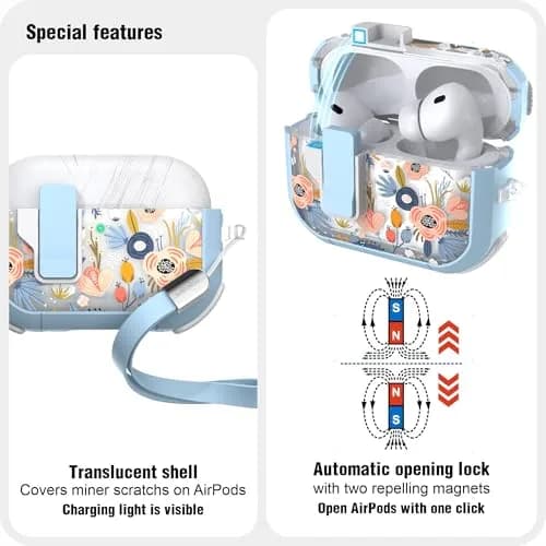 wenew AirPods Pro 3 Case (2025) Cover Stylish Flower Hard Shell Blue | Full Body, Wireless Support thumbnail 4