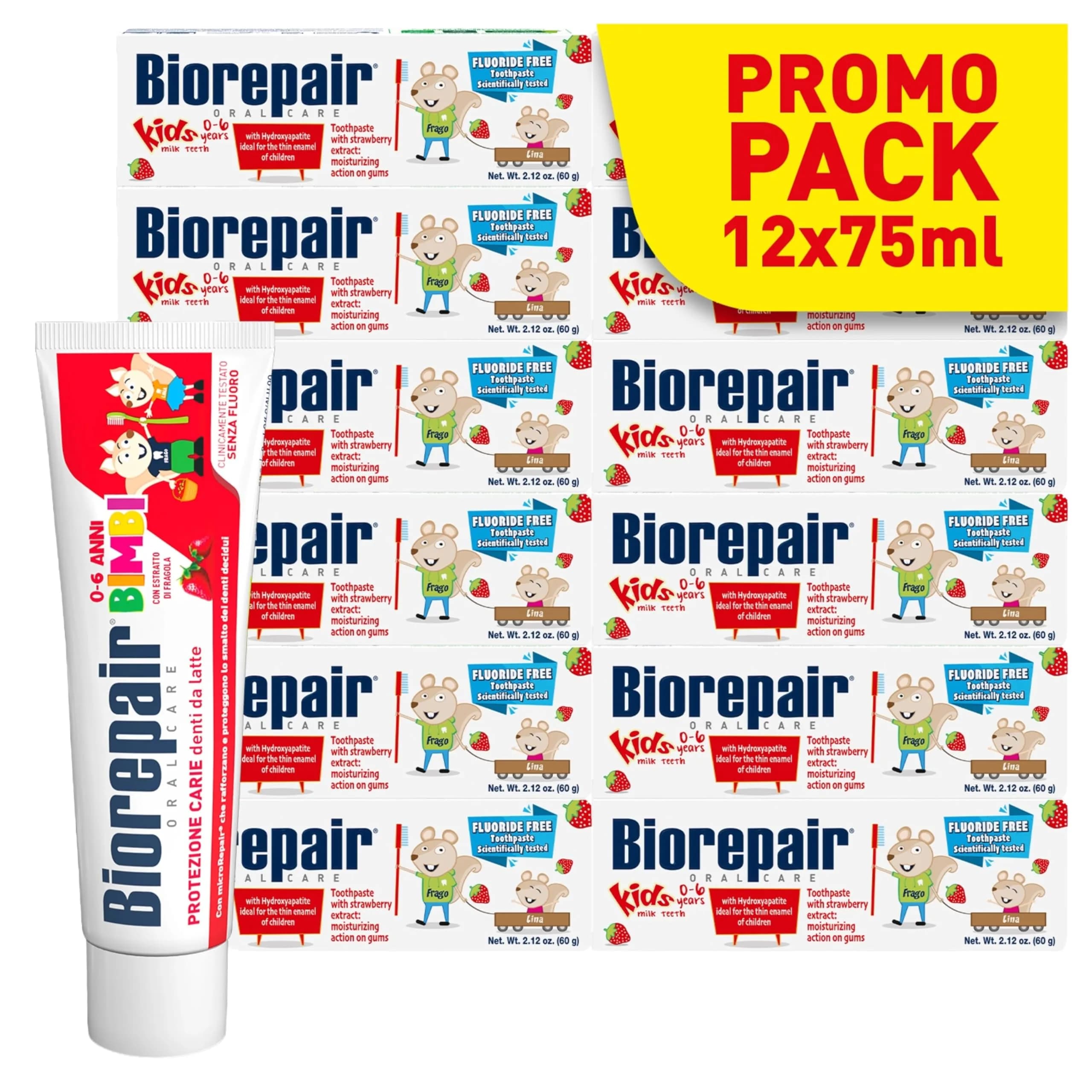 Biorepair Junior Toothpaste Wild Strawberry 50ml (1.7 Fl Oz) | Protects Against Cavities & Plaque — 2.12 Ounce x 12