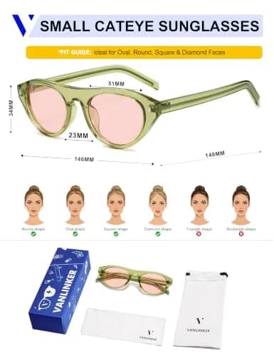 VANLINKER Retro Small Oval Cateye Sunglasses for Women Men VL9915 | UV400 Protection, Unisex Style thumbnail 5
