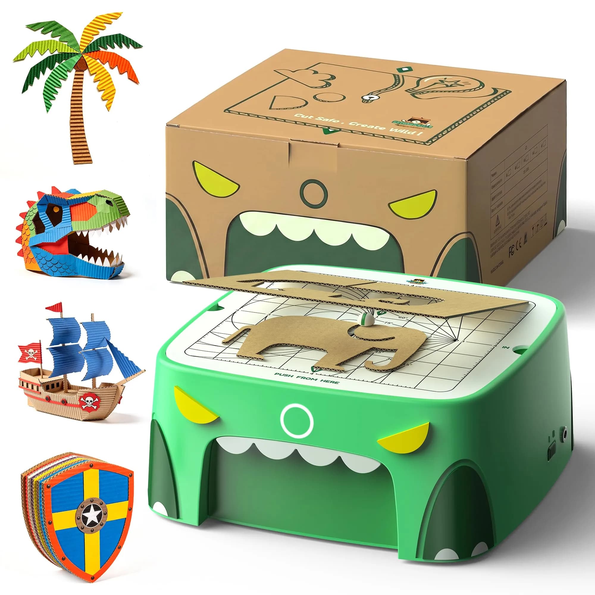 BEAVERBOT C2 Upgraded Cardboard Cutter for Kids, Dual Speed Dinosaur, Green | Safe bladeless design for precise craft cuts - main product image