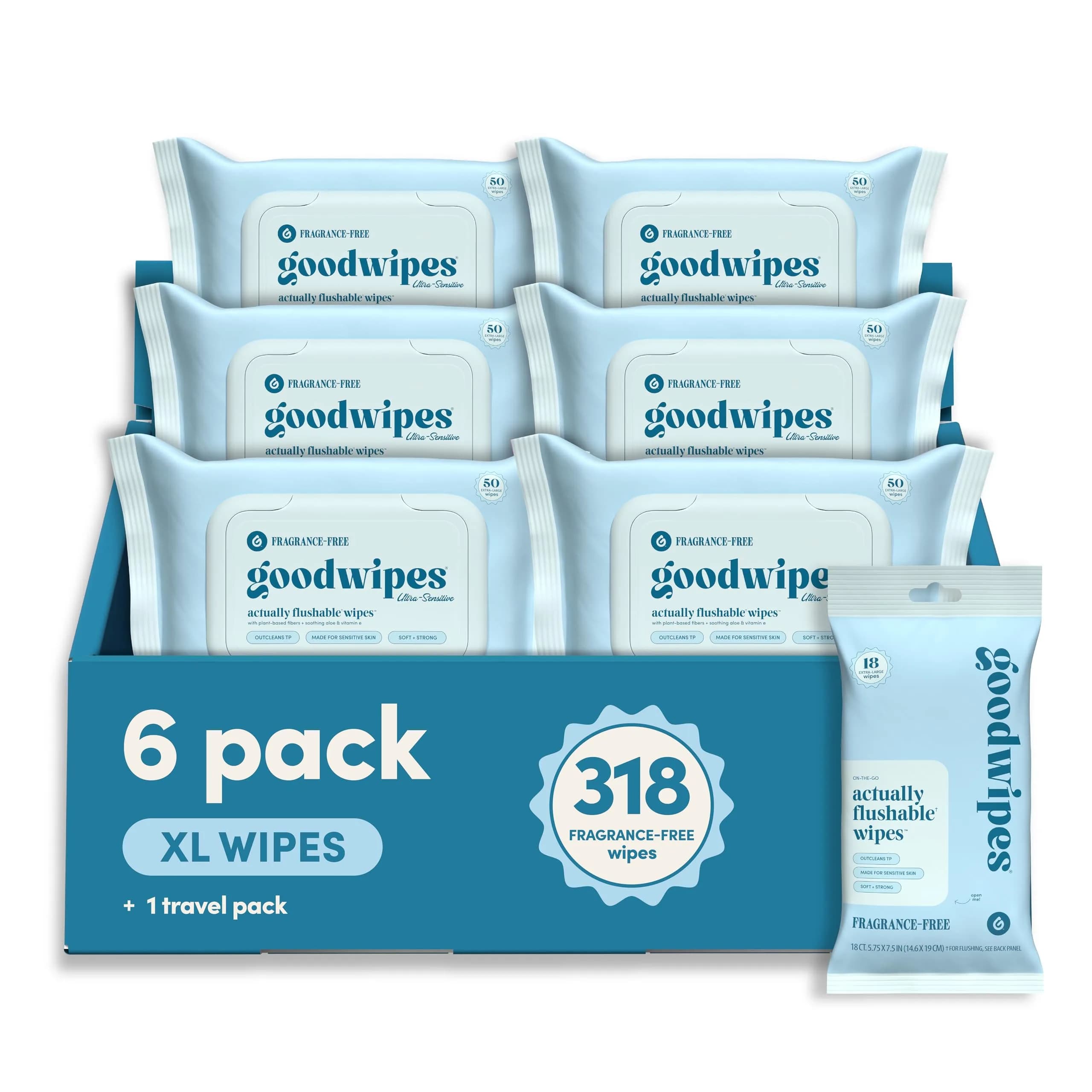 goodwipes Flushable Wipes 300 Count (Pack of 6) Fragrance-Free | Septic Safe, Extra Large, Adult Wet Wipes