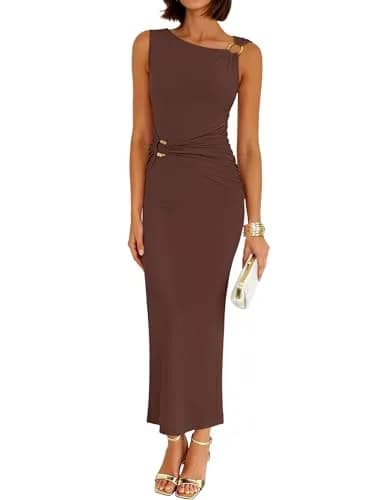 ZESICA Womens Summer Sleeveless Bodycon Maxi Dress Brown S | Ruched, Slim Fit, Summer Vibe thumbnail 1