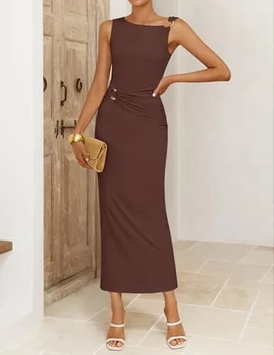 ZESICA Womens Summer Sleeveless Bodycon Maxi Dress Brown S | Ruched, Slim Fit, Summer Vibe thumbnail 4