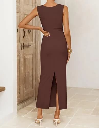 ZESICA Womens Summer Sleeveless Bodycon Maxi Dress Brown S | Ruched, Slim Fit, Summer Vibe thumbnail 6