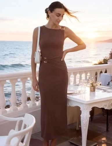 ZESICA Womens Summer Sleeveless Bodycon Maxi Dress Brown S | Ruched, Slim Fit, Summer Vibe thumbnail 3