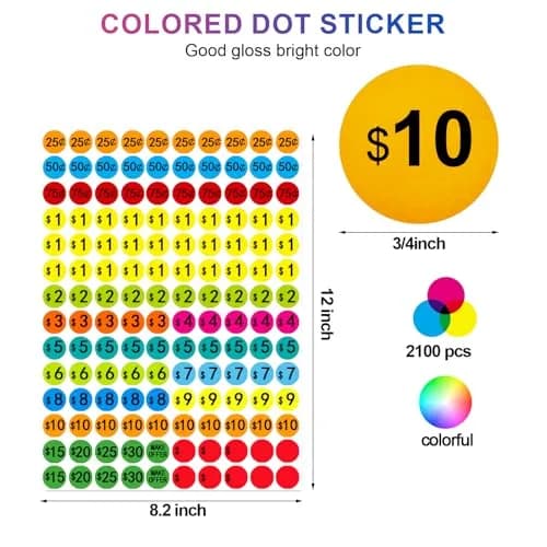 Darfukei Garage Sale Price Stickers 2100 PCS 3/4 Inch | Assorted Colors Round Price Tags thumbnail 2
