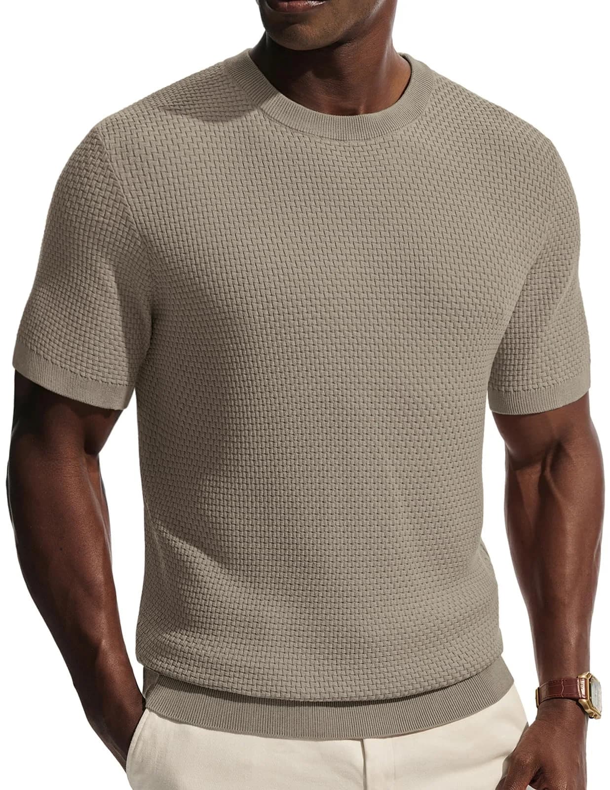 PJ PAUL JONES Men's Classic Short Sleeve Knit Tee Textured Solid Khaki Medium | Breathable Cool Touch Fabric - main product image