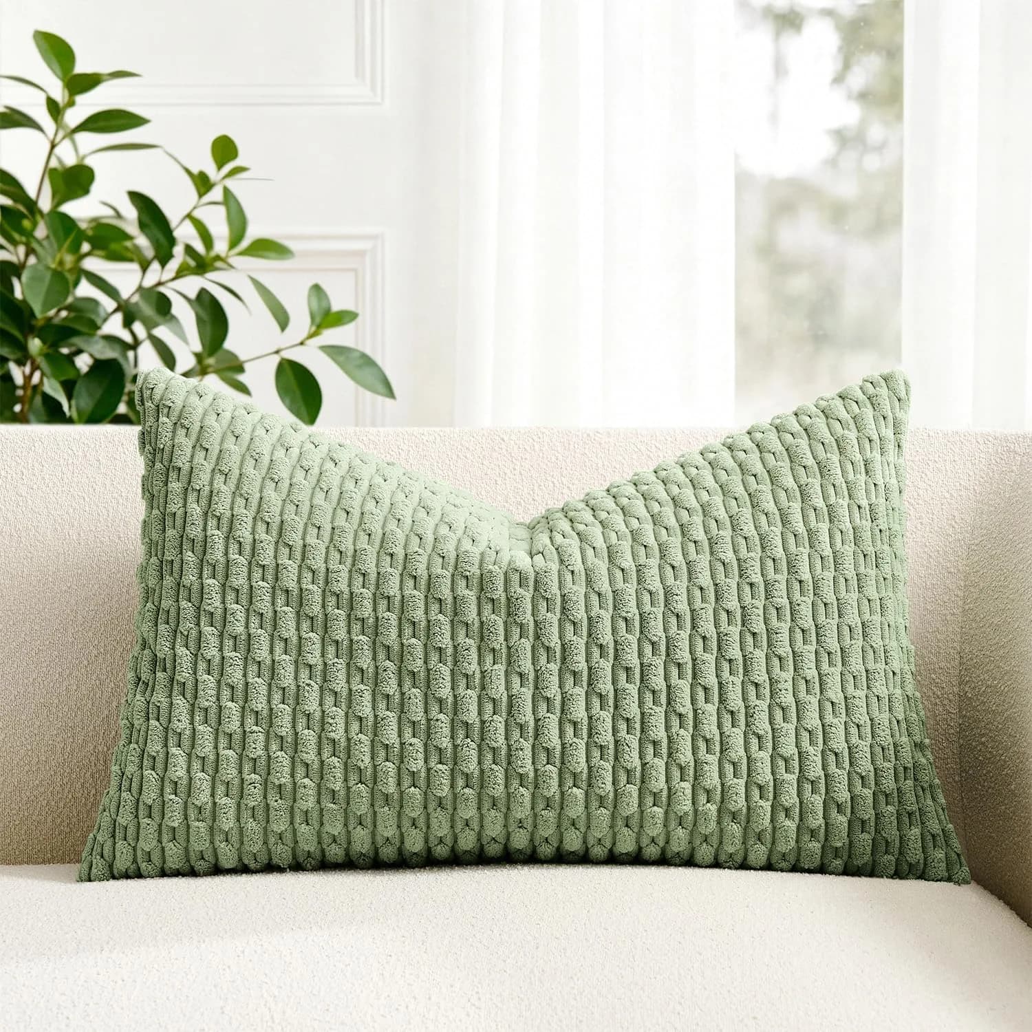 K KEVIN TEXTILE Soft Corduroy Lumbar Pillow Cover 24"x14" | Modern Boho Decor — Sage Green