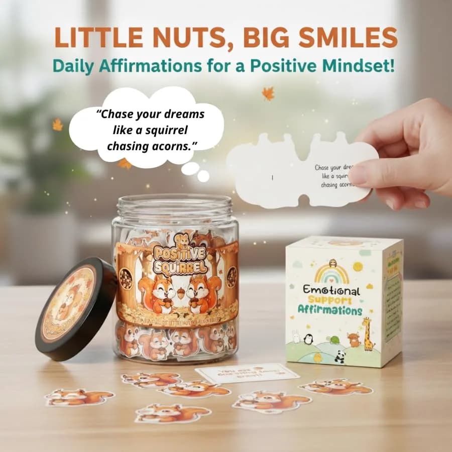 DEARMINE Positive Squirrel Jar with 60 Daily Affirmation Cards | Cute Squirrel Christmas Decor