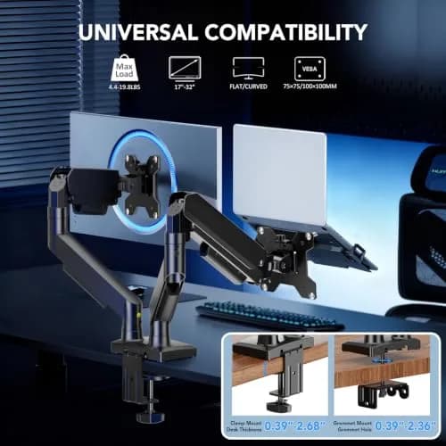 AX WABER Dual Monitor Stand for 17″–32″ Screens | Full Motion VESA Mount with C-Clamp & Grommet Base thumbnail 2