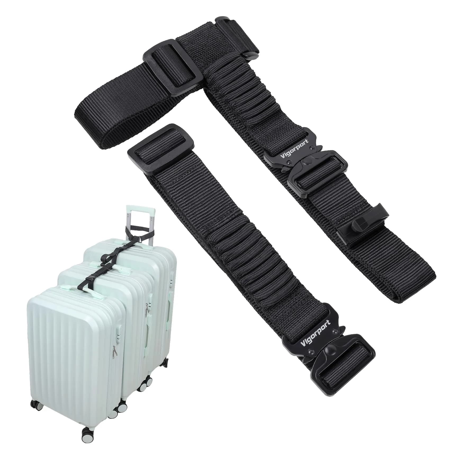 Vigorport Luggage Straps, Metal Buckle & Stretchy Nylon Connector Set (2-Pack, Black) | Securely Connect Luggage for Easier Travel — Black-All Metal Buckle / Large