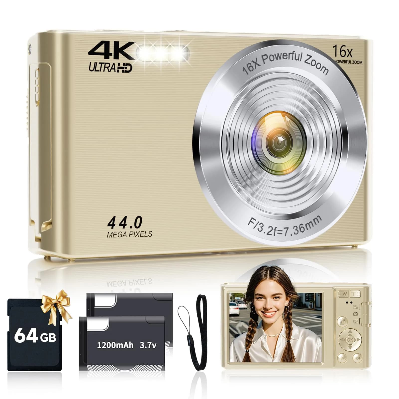 SMARTKLIK Digital Camera 44MP 4K FHD Silver | 16x Digital Zoom, 64GB SD Card Included — Gold