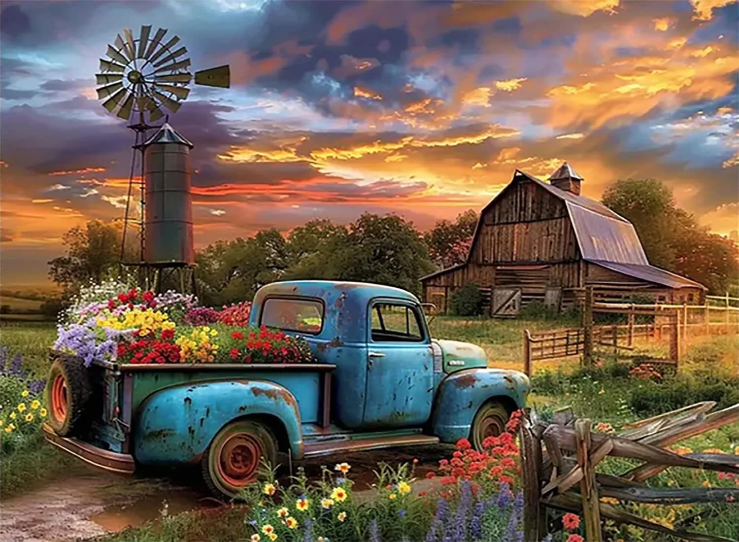 Fairyland JinWenn Rustic Farmhouse Barn Truck Flower Paint by Numbers Kit for Adults 40x50 cm | Relaxing DIY Wall Art