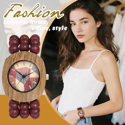 JewelryWe Bohemian Wooden Elastic Watch: Handcrafted Tonneau Beaded Wood Bracelet Analog Quartz Wristwatch for Women 3.7cm (1.46") Case | Artistic Colorblock Dial thumbnail 7
