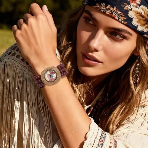 JewelryWe Bohemian Wooden Elastic Watch: Handcrafted Tonneau Beaded Wood Bracelet Analog Quartz Wristwatch for Women 3.7cm (1.46") Case | Artistic Colorblock Dial thumbnail 2