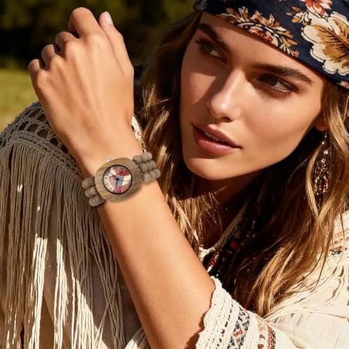 JewelryWe Bohemian Wooden Elastic Watch 3.7cm (1.46in) Case | Handcrafted Wood Bracelet Analog Quartz Wristwatch for Women thumbnail 4
