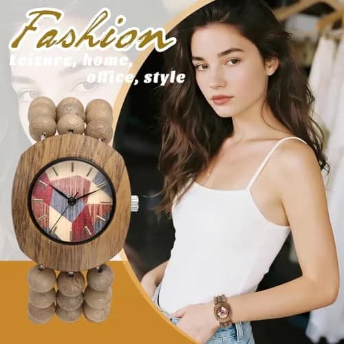 JewelryWe Bohemian Wooden Elastic Watch 3.7cm (1.46in) Case | Handcrafted Wood Bracelet Analog Quartz Wristwatch for Women thumbnail 5