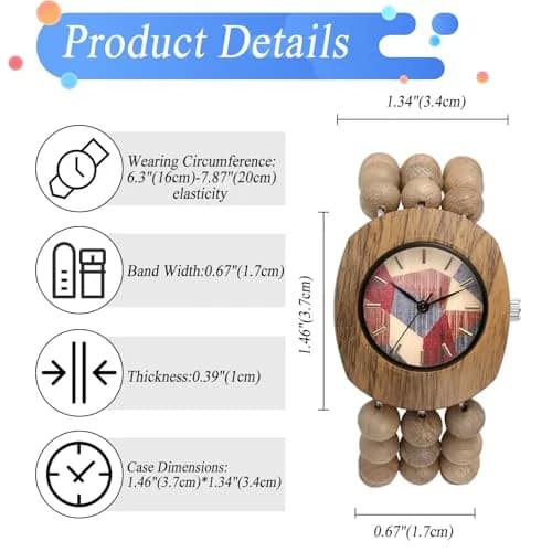 JewelryWe Bohemian Wooden Elastic Watch 3.7cm (1.46in) Case | Handcrafted Wood Bracelet Analog Quartz Wristwatch for Women thumbnail 2