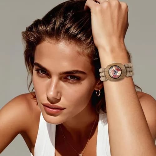 JewelryWe Bohemian Wooden Elastic Watch 3.7cm (1.46in) Case | Handcrafted Wood Bracelet Analog Quartz Wristwatch for Women thumbnail 3
