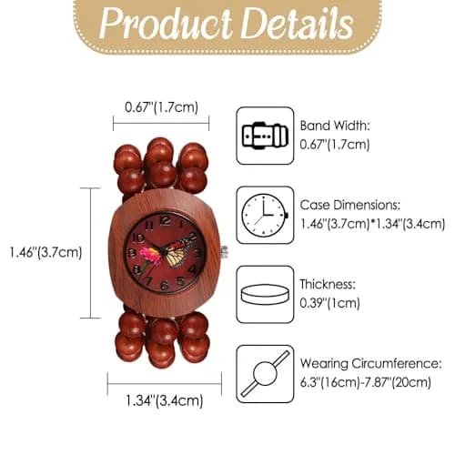 JewelryWe Bohemian Wooden Elastic Watch with Butterfly Dial | 3.7cm Tonneau Case, 1.7cm Band Width thumbnail 6