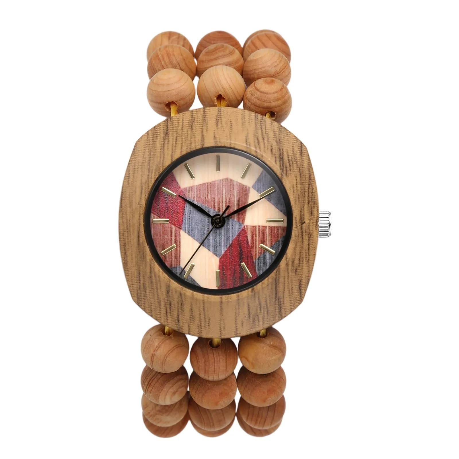 JewelryWe Bohemian Wooden Elastic Watch with Butterfly Dial | 3.7cm Tonneau Case, 1.7cm Band Width — b