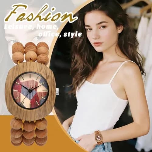 JewelryWe Bohemian Wooden Elastic Watch for Women | 3.7cm Tonneau Case, 1.7cm Band Width thumbnail 5