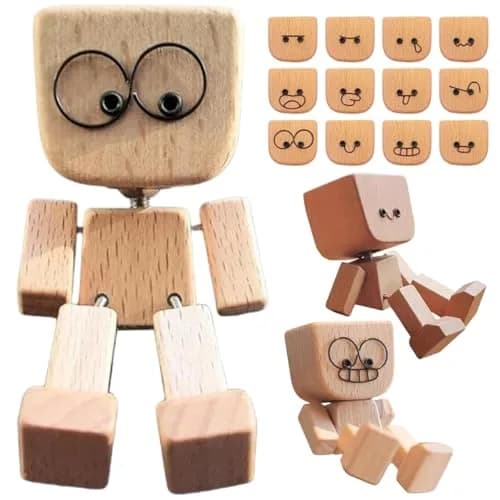 SnapMorph Shaking Wooden Man Figurine 1.5 inches x 1.5 inches x 3.1 inches | Handmade Car & Desk Decor with 12 Magnetic Faces thumbnail 1