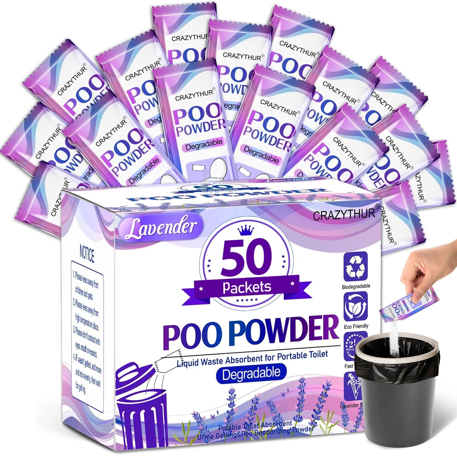 CRAZYTHUR Poo Powder Gel Powder 50PCS Lavender Scent | Solidifies 1000ml Water or 650ml Urine