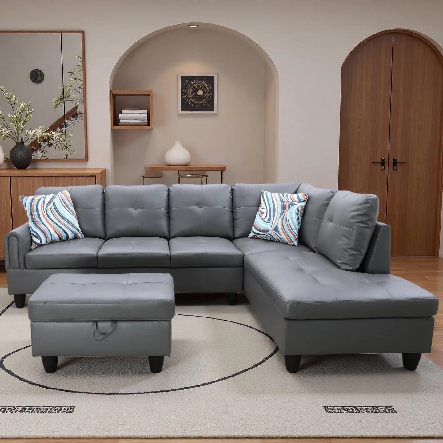 Topcomfy Leather L-Shaped Couch Set, 97.5" L x 69.5" W in Grey | Modular, Skin-Friendly, Durable - main product image