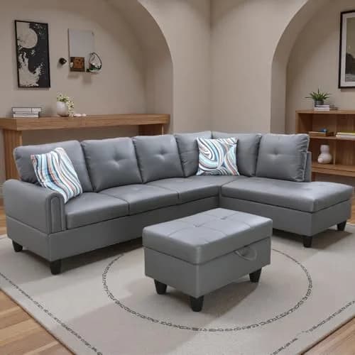 Topcomfy Leather L-Shaped Couch Set, 97.5" L x 69.5" W in Grey | Modular, Skin-Friendly, Durable thumbnail 8