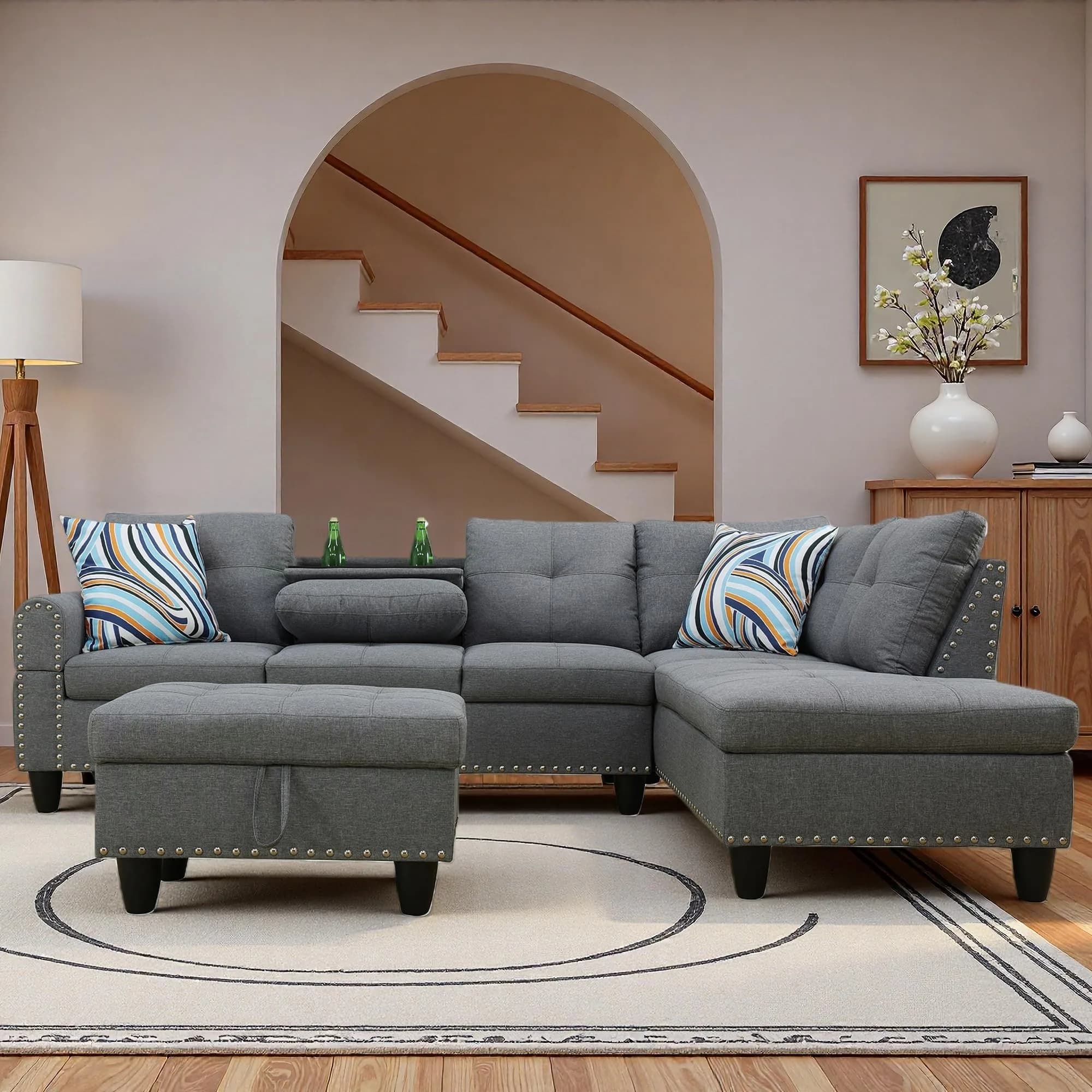 Topcomfy Leather L-Shaped Couch Set, 97.5" L x 69.5" W in Grey | Modular, Skin-Friendly, Durable — Grey-a