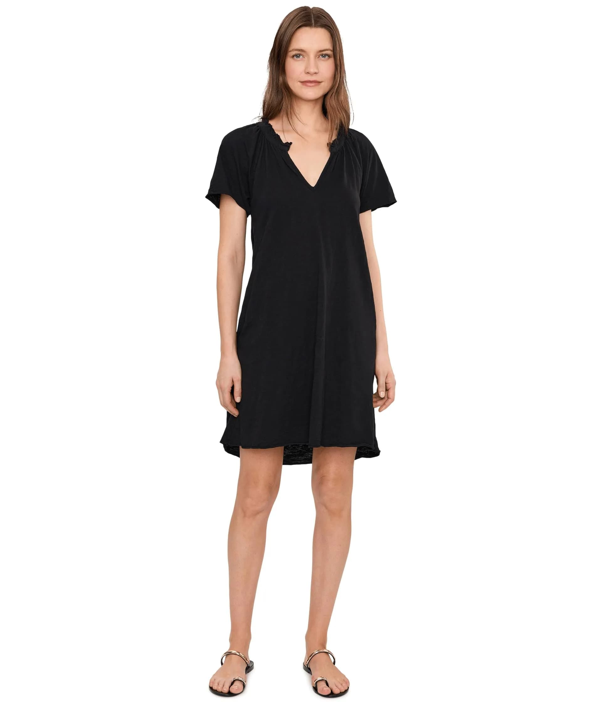 Mod-O-Doc Women's Short Sleeve Shirred Split-Neck Dress | 100% Cotton, Black, X-Small