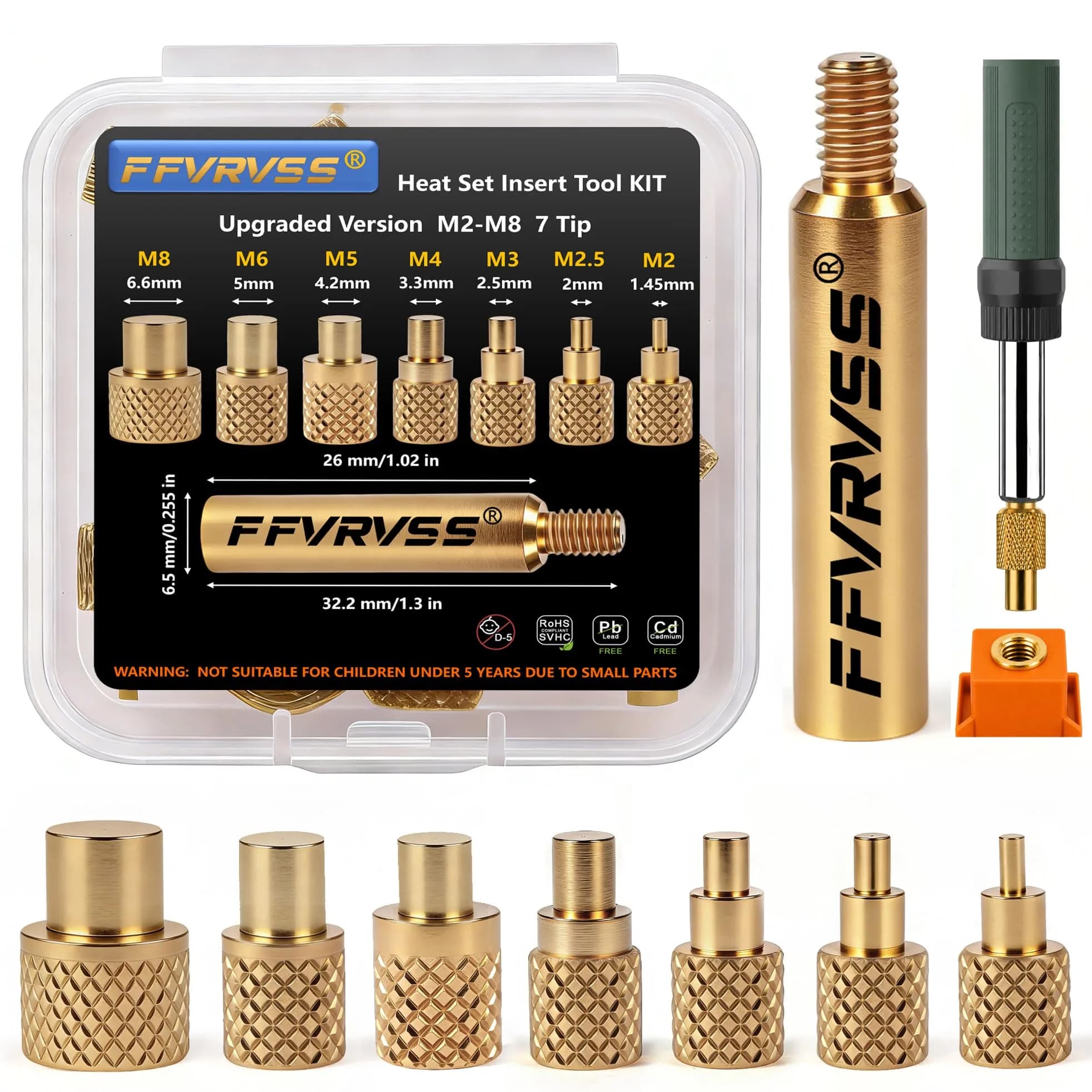 FFVRVSS Heat Set Insert Tool Kit with 7 Brass Tips & Adapter for M2-M8 Threads | Precision Brass Construction