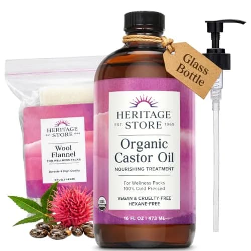 HERITAGE STORE USDA Organic Castor Oil with Pump & Wool Flannel Cloth 473ml (16 Fl Oz) | Cold-Pressed, Hexane-Free, Vegan thumbnail 1