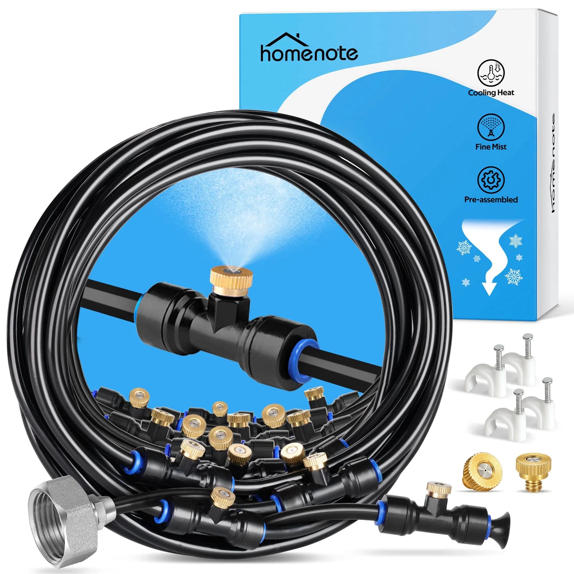 homenote Misting Cooling System 98FT (30M) Pre-Assembled Mister Kit with 27 Brass Nozzles & 3/4" Brass Adapter
