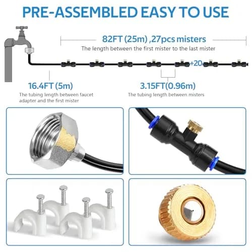 homenote Misting Cooling System 98FT (30M) Pre-Assembled Mister Kit with 27 Brass Nozzles & 3/4" Brass Adapter thumbnail 2