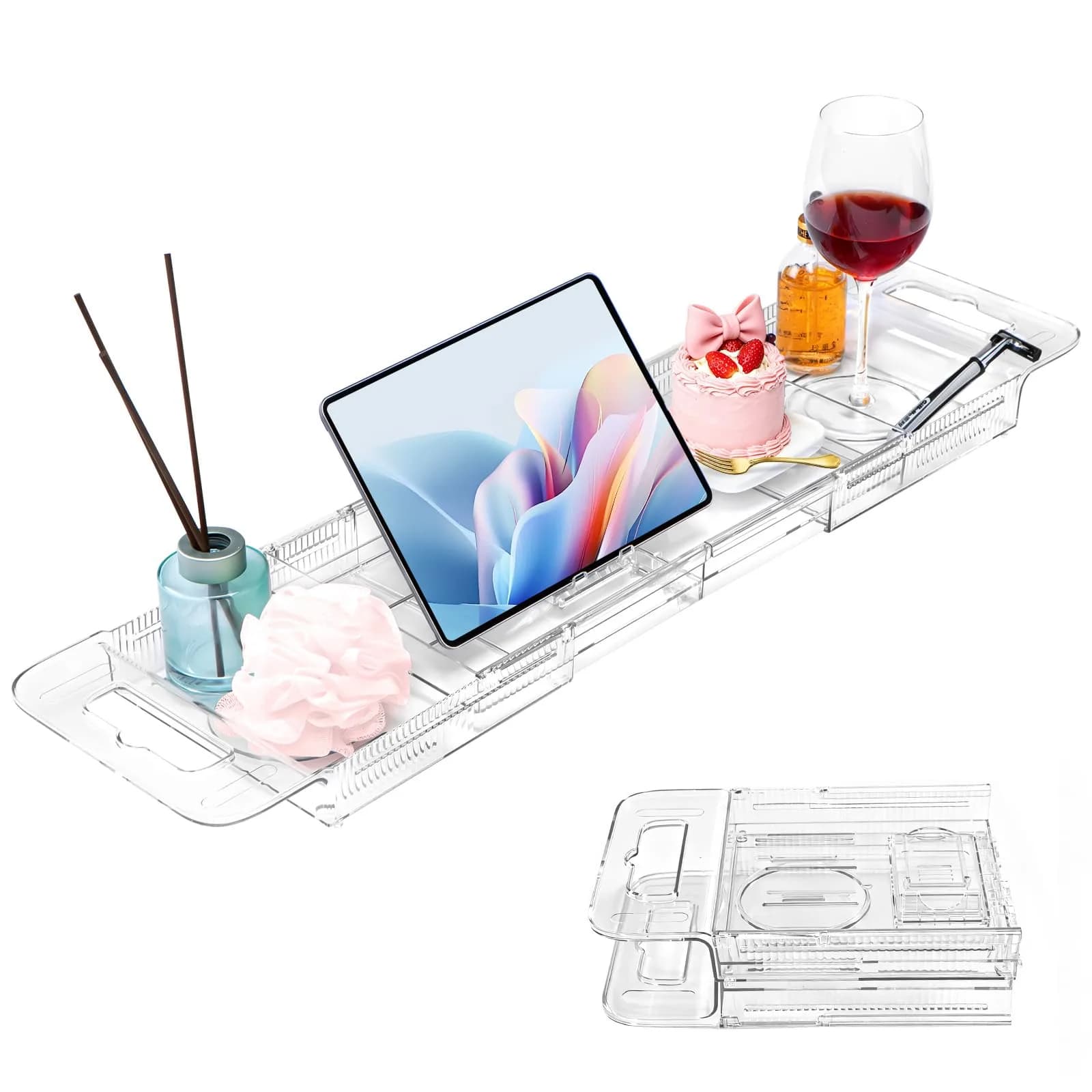 onannos Expandable Clear Acrylic Bathtub Tray Caddy | Foldable Tub Bath Shelf with Drain Slots, Slip-Resistant Waterproof Bathroom Accessory (20-32") - main product image