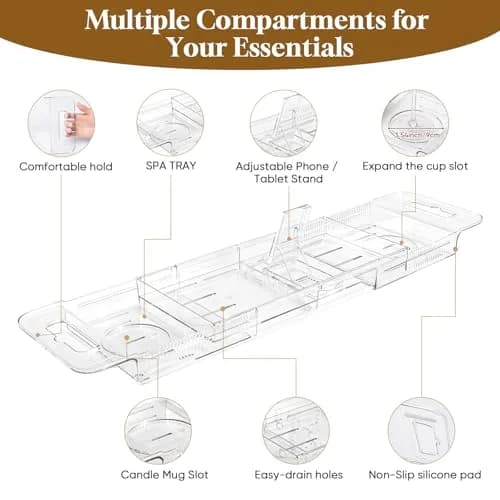 onannos Expandable Clear Acrylic Bathtub Tray Caddy | Foldable Tub Bath Shelf with Drain Slots, Slip-Resistant Waterproof Bathroom Accessory (20-32") thumbnail 4