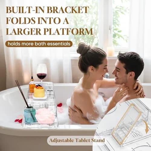 onannos Expandable Clear Acrylic Bathtub Tray Caddy | Foldable Tub Bath Shelf with Drain Slots, Slip-Resistant Waterproof Bathroom Accessory (20-32") thumbnail 6