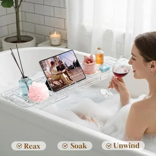 onannos Expandable Clear Acrylic Bathtub Tray Caddy | Foldable Tub Bath Shelf with Drain Slots, Slip-Resistant Waterproof Bathroom Accessory (20-32") thumbnail 7
