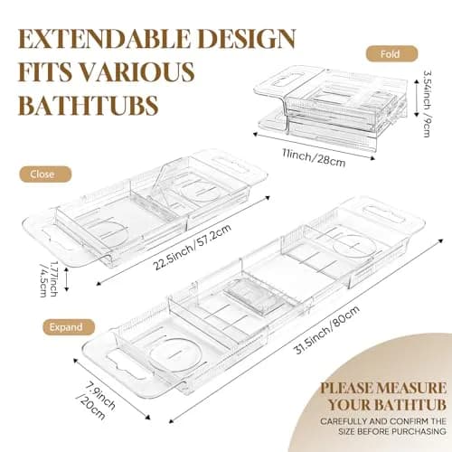 onannos Expandable Clear Acrylic Bathtub Tray Caddy | Foldable Tub Bath Shelf with Drain Slots, Slip-Resistant Waterproof Bathroom Accessory (20-32") thumbnail 3
