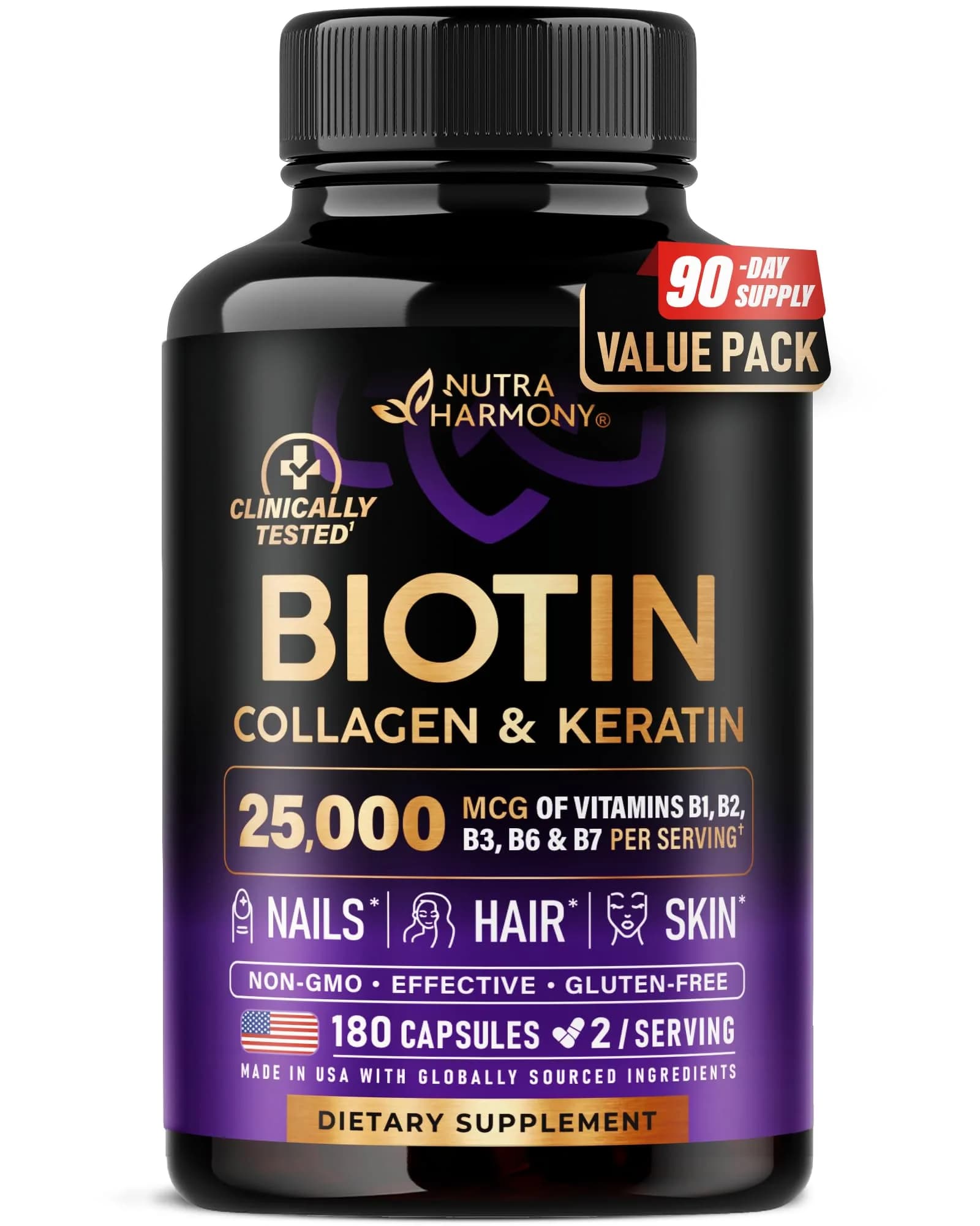 NUTRAHARMONY Biotin, Collagen, Hyaluronic Acid & Keratin Hair Growth Support 180 Capsules | Clinically Tested Formula — Pack of 1