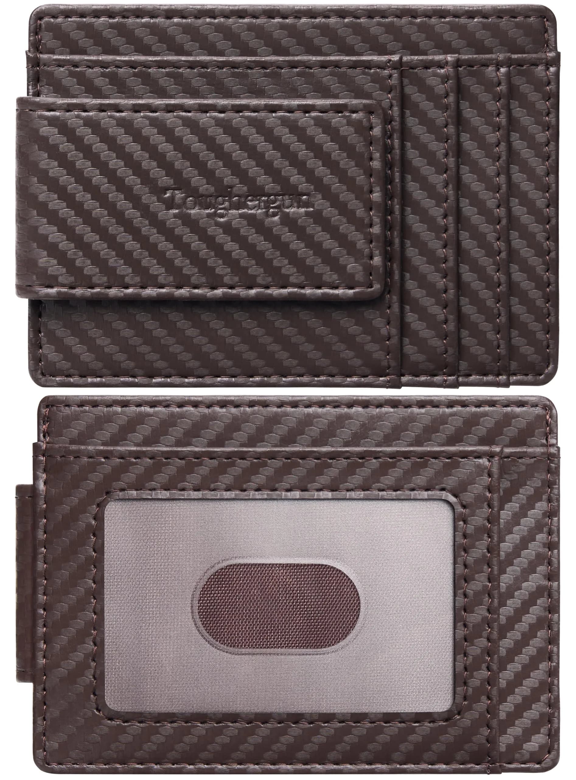Toughergun Slim Wallet RFID Blocking Money Clip 10.16cm (4") x 7.62cm (3") x 0.76cm (0.3") | Minimalist Front Pocket Card Holder — Glossy Weave Brown