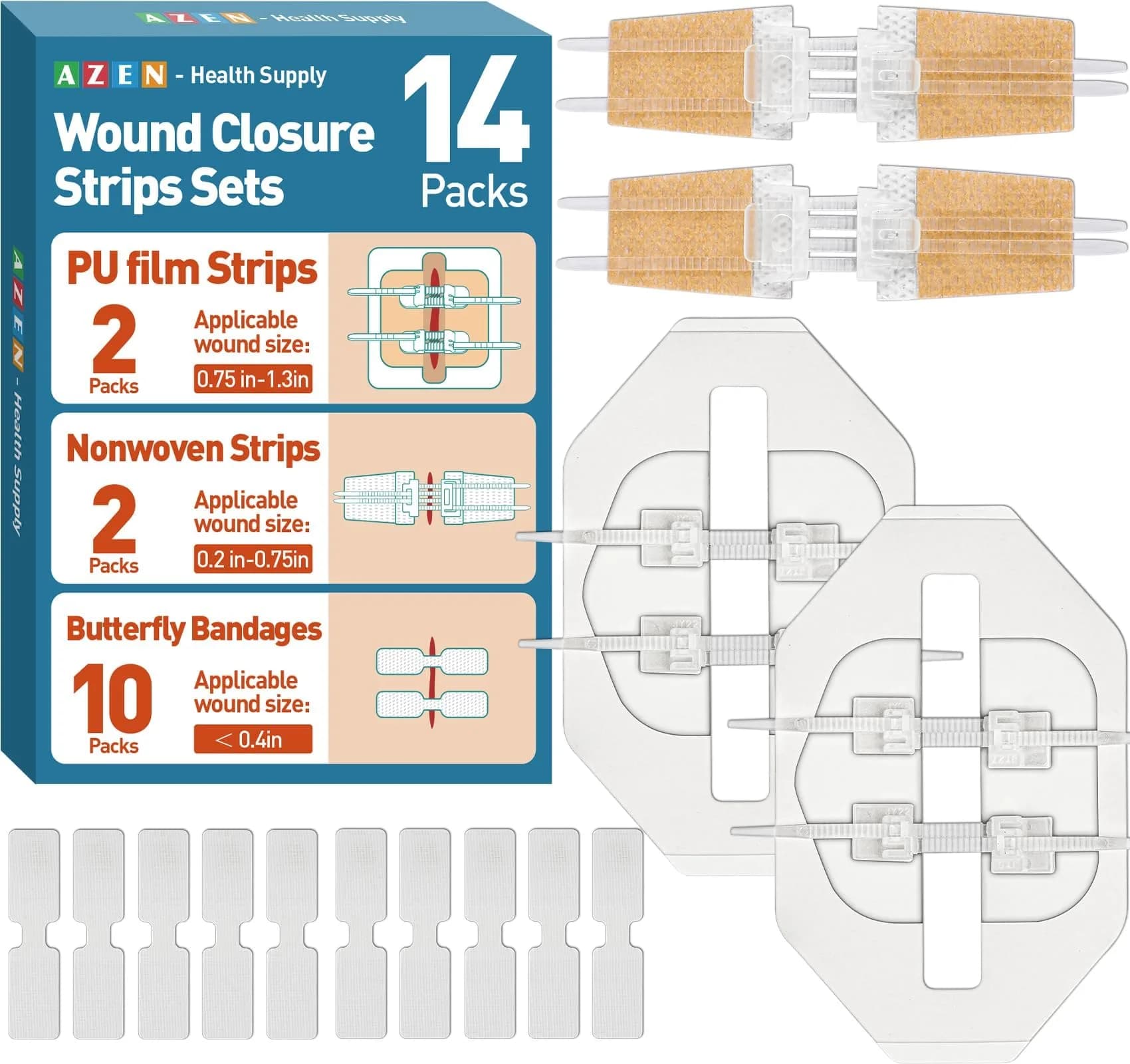 AZEN Emergency Wound Closure Strips 14 Pack (14 Count) | Hypoallergenic Butterfly Bandages for Laceration Repair Without Stitches - main product image