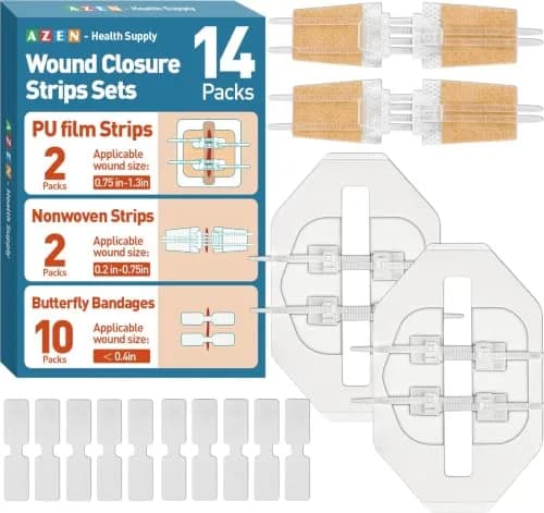 AZEN Emergency Wound Closure Strips 14 Pack (14 Count) | Hypoallergenic Butterfly Bandages for Laceration Repair Without Stitches thumbnail 1