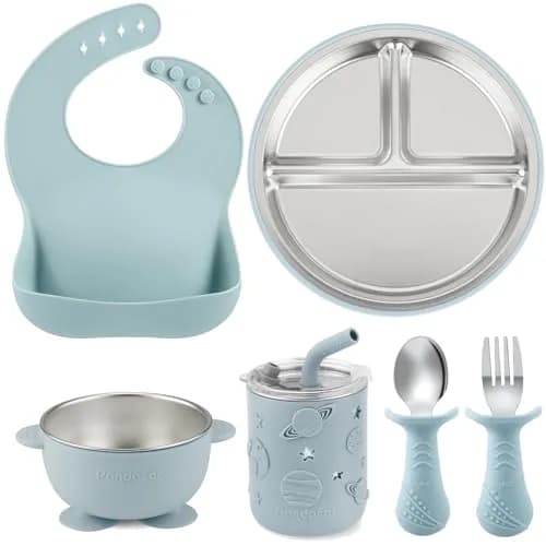 PandaEar 6-in-1 Stainless Steel Baby Feeding Set with Sippy Cup, Bib, Spoon & Fork | Blue, 6 Pieces thumbnail 1