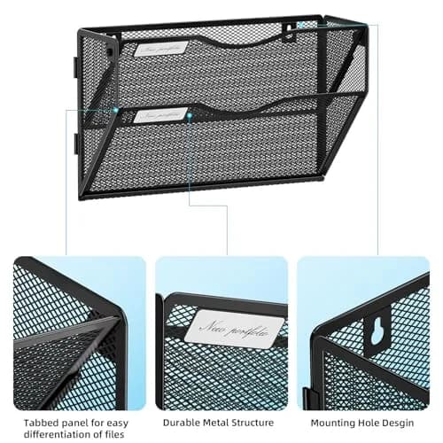 Marbrasse 2-Tier Mesh Wall File Holder with Label Slot | Black, 33cm (13in) Height thumbnail 3
