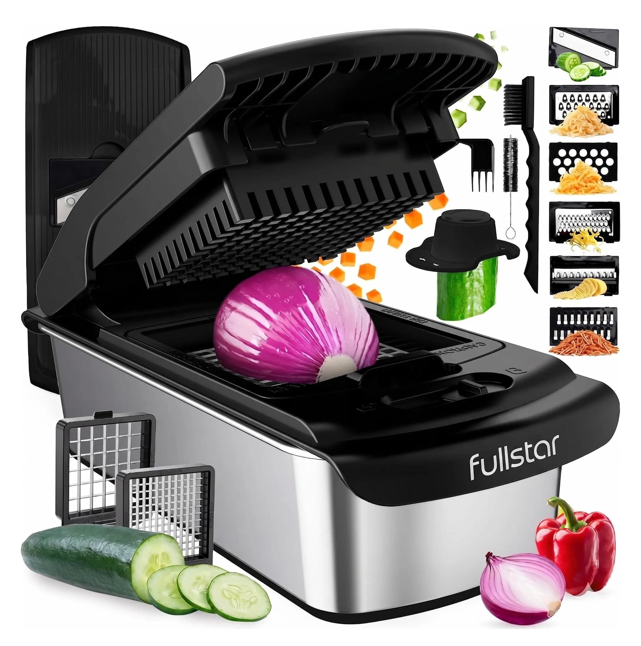 fullstar Pro Original Vegetable Chopper & Mandoline Slicer Kitchen Gadget with Container, 8 Stainless Steel Blades | Fast Prep for Indian Kitchens