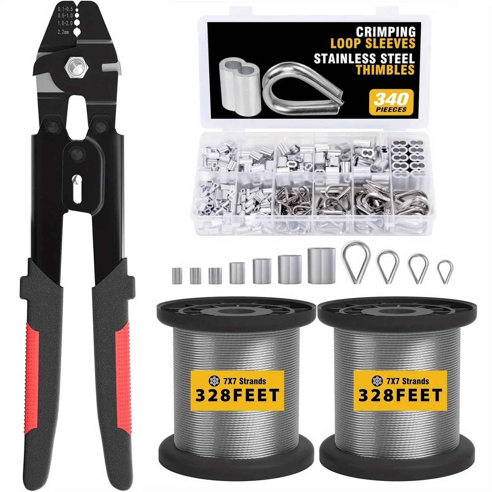 Sanuke Wire Rope Crimping Kit with 160pcs Ferrule Sleeves & 10pcs Steel Thimbles | 2.2mm Cable Swaging Tool — 656ft Steel Cable Kit+Crimper