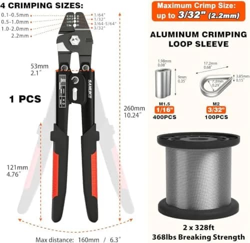 Sanuke Wire Rope Crimping Kit with 656ft 1/16" 304 Stainless Steel Cable, Aluminum Crimp Sleeves & Thimbles thumbnail 2